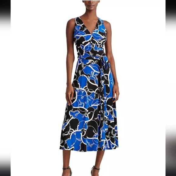 Lauren Ralph Lauren Blue and Black Sleeveless V-Neck Midi Sundress Size 6 - Picture 1 of 12